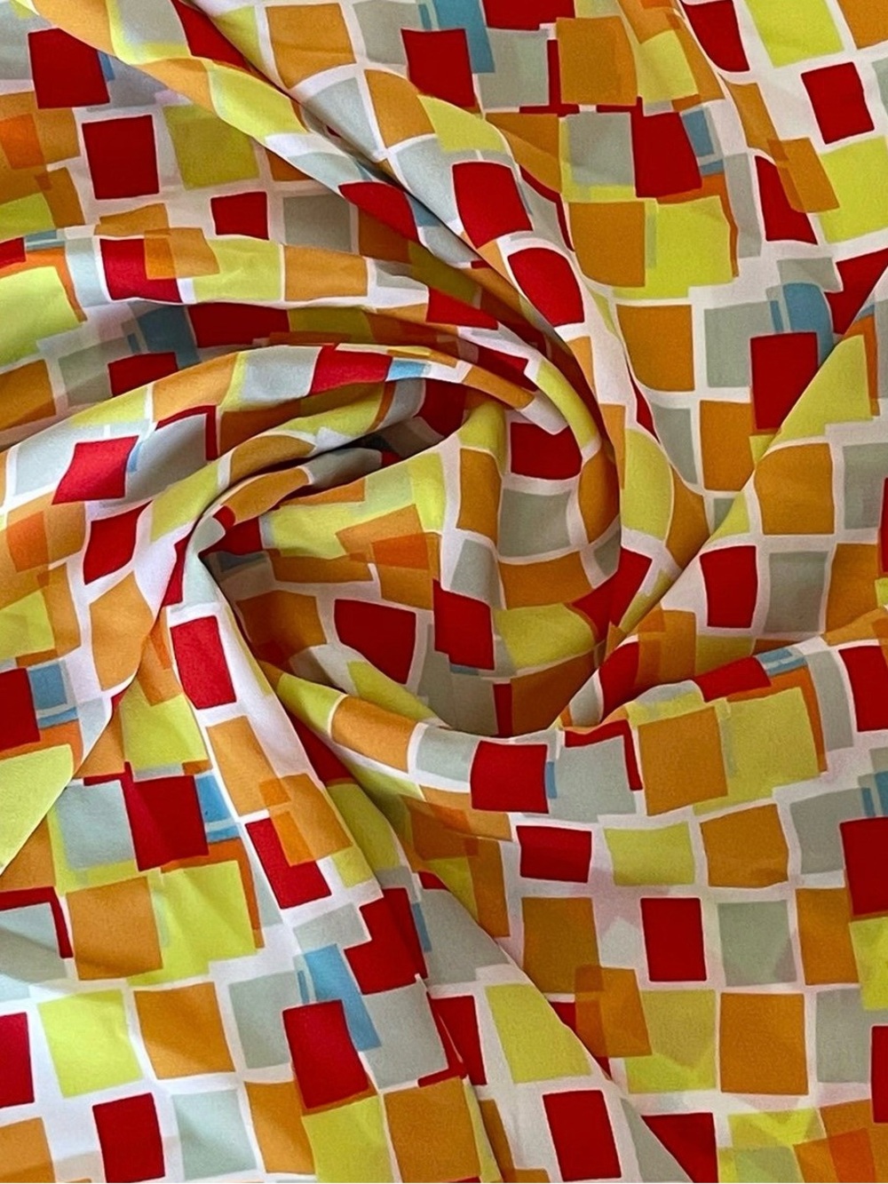 Colorful Geometric Print Multicolor Crepe Fabric — Red, Yellow, Orange
